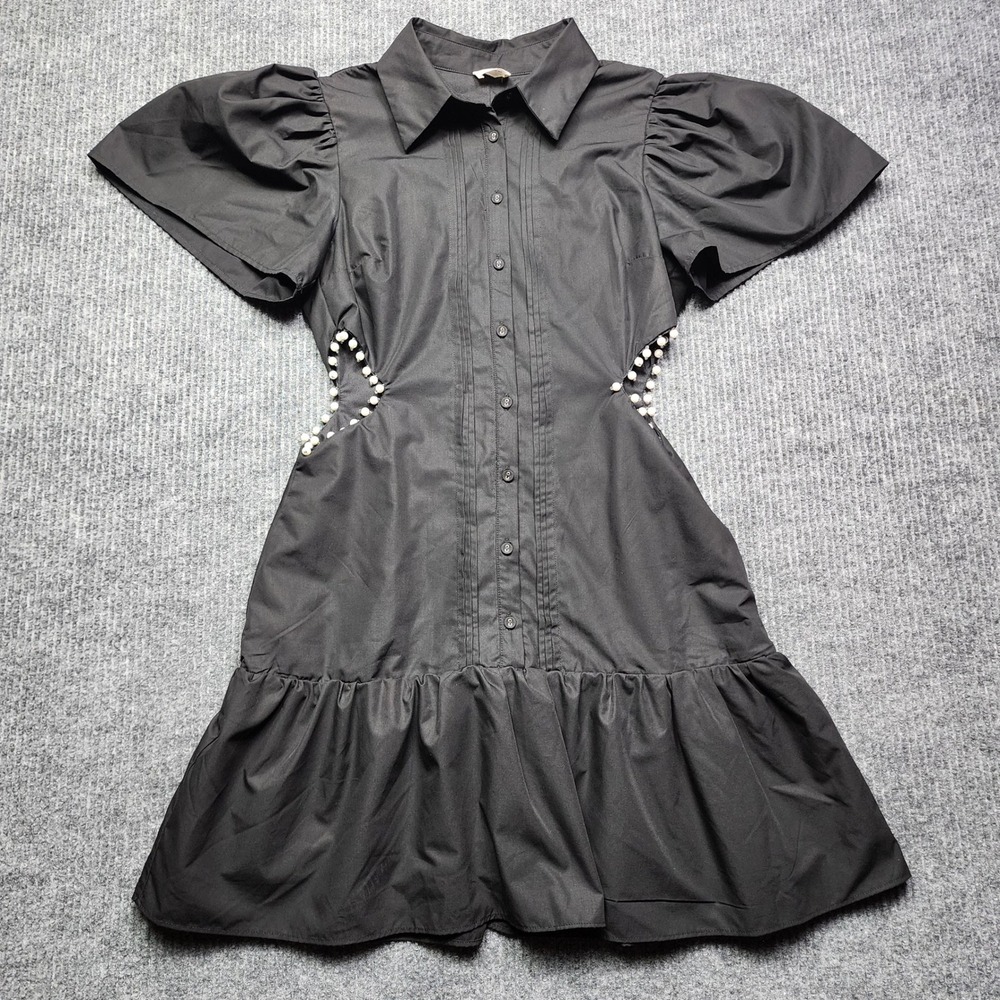 Aureum Black Pearl Embellished Cut Out Puff Sleeve Mini Shirt Dress Small Party